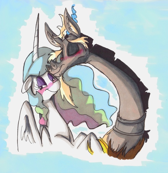 Size: 2312x2375 | Tagged: safe, artist:frankilew, derpibooru import, discord, princess celestia, alicorn, draconequus, pony, dislestia, female, high res, male, shipping, straight, traditional art