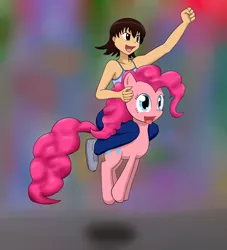 Size: 1500x1650 | Tagged: safe, artist:empyu, derpibooru import, pinkie pie, earth pony, human, pony, abstract background, azumanga daioh, crossover, duo, humans riding ponies, riding, smiling, takino tomo