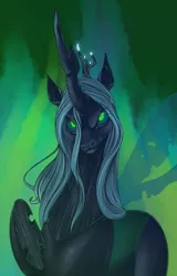 Size: 1151x1797 | Tagged: safe, artist:kawaiitank, derpibooru import, queen chrysalis, changeling, changeling queen, abstract background, black sclera, female, frown, image, looking at you, png, raised hoof, slit eyes, smiling, smirk, solo, standing