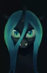 Size: 652x1010 | Tagged: safe, artist:blu-red, derpibooru import, queen chrysalis, changeling, changeling queen, black background, bust, fangs, female, image, looking at you, png, portrait, simple background, slit eyes, smiling, solo, staring into your soul