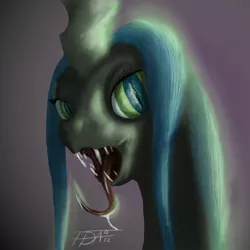 Size: 1000x1000 | Tagged: safe, artist:feralblooddragon, artist:tattertailart, derpibooru import, queen chrysalis, changeling, changeling queen, bust, female, gradient background, image, jpeg, looking at you, open mouth, portrait, signature, slit eyes, solo, tongue out