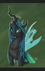 Size: 574x900 | Tagged: safe, artist:keyfeathers, derpibooru import, queen chrysalis, changeling, changeling queen, abstract background, deviantart link, fangs, female, frown, image, jpeg, looking away, open mouth, signature, sitting, smiling, solo, watermark