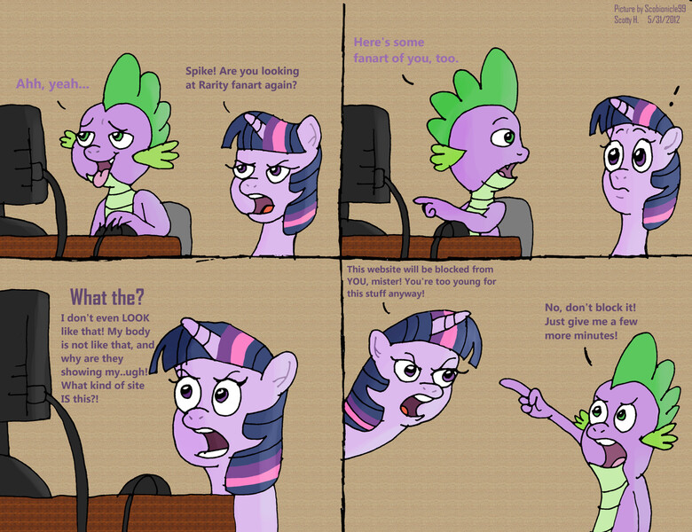 Size: 1950x1500 | Tagged: artist:scobionicle99, comic, computer, derpibooru import, dialogue, questionable, rarity, spike, twilight sparkle