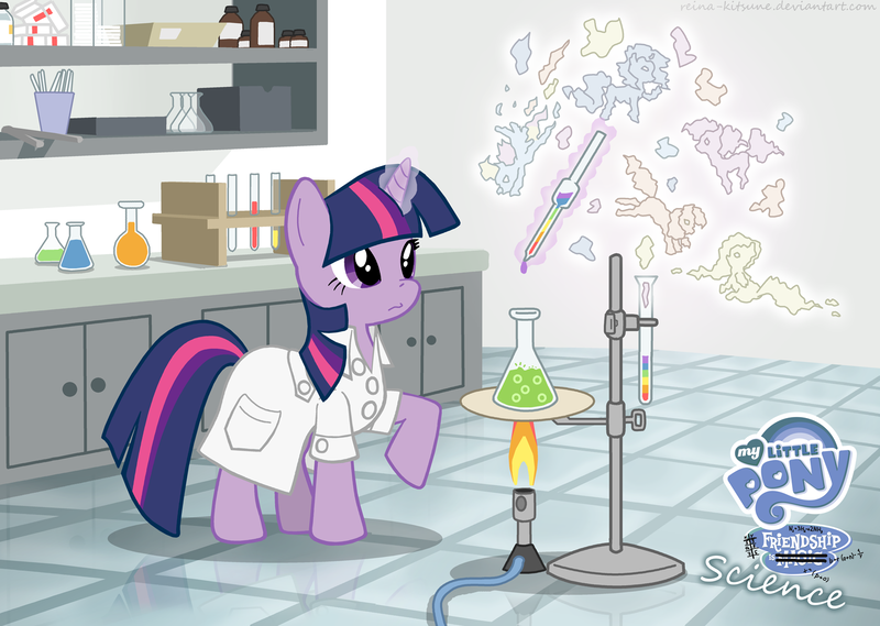 Size: 1500x1066 | Tagged: safe, artist:reina-kitsune, derpibooru import, twilight sparkle, pony, unicorn, bunsen burner, chemicals, clothes, erlenmeyer flask, female, lab coat, laboratory, magic, magic aura, mare, science, scientist, smoke pony, solo, telekinesis, unicorn twilight