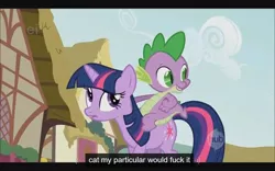 Size: 640x400 | Tagged: safe, derpibooru import, screencap, spike, twilight sparkle, dragon, pony, feeling pinkie keen, dragons riding ponies, ei, hub logo, riding, vulgar, youtube caption