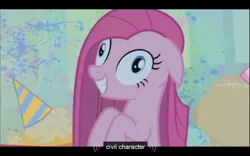 Size: 640x400 | Tagged: contemplating insanity, derpibooru import, insanity face, irony, party of one, pinkie pie, safe, screencap, youtube caption