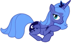 Size: 955x575 | Tagged: artist:nukeleer, derpibooru import, princess luna, prone, s1 luna, safe, simple background, solo