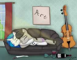 Size: 1024x800 | Tagged: artist:zonra, cello, couch, cuddling, derpibooru import, hug, musical instrument, octavia melody, safe, vinyl scratch, wine