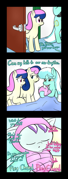 Size: 1000x2629 | Tagged: safe, artist:lamia, derpibooru import, bon bon, bons away, lyra heartstrings, skyra, sweetie drops, oc, oc:pixy chord, pony, ask skyra and bons away, baby, baby pony, comic, foal, hospital, magical lesbian spawn, newborn, offspring