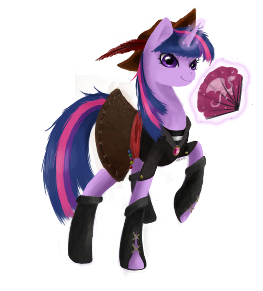 Size: 2708x3000 | Tagged: dead source, safe, artist:flutterwonder, derpibooru import, twilight sparkle, pony, clothes, costume, feather, female, glowing horn, hat, high res, horn, magic, mare, pirate, smiling, solo, telekinesis