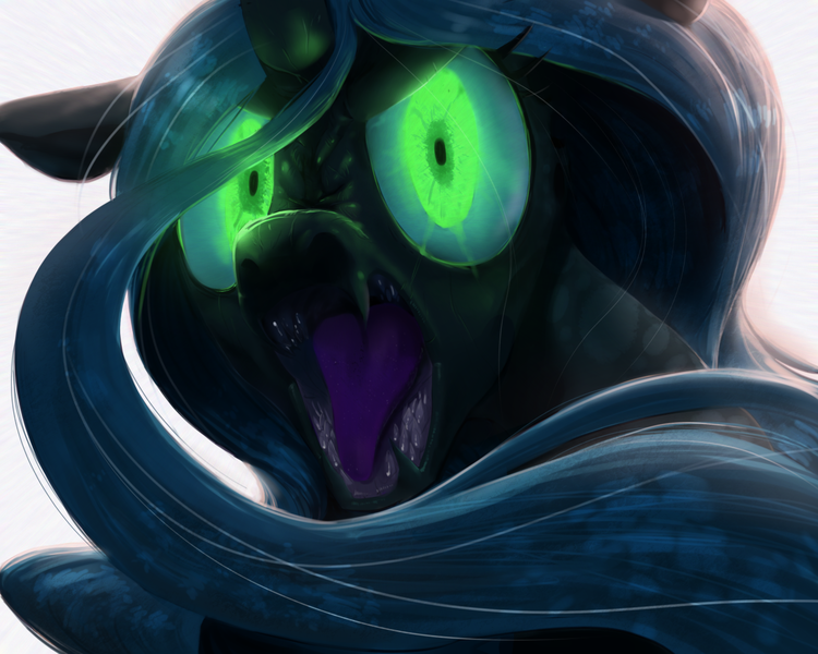 Size: 1280x1024 | Tagged: dead source, safe, artist:sunibee, derpibooru import, queen chrysalis, changeling, changeling queen, angry, bust, fangs, female, frown, glare, glowing eyes, hilarious in hindsight, hissing, image, looking at you, looking back, mouth, nose wrinkle, open mouth, png, portrait, sharp teeth, simple background, solo, staring into your soul, tongue out, white background