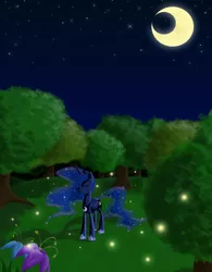 Size: 2348x3011 | Tagged: artist:stara23, crescent moon, derpibooru import, eyes closed, firefly (insect), flower, high res, moon, night, princess luna, safe, smiling, solo, stars, tree
