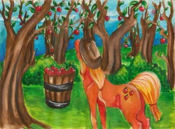 Size: 2230x1645 | Tagged: apple, applejack, artist:craqui, derpibooru import, food, horse, safe, solo, traditional art, tree