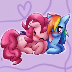 Size: 938x934 | Tagged: safe, artist:mahoxyshoujo, derpibooru import, pinkie pie, rainbow dash, blushing, cuddling, cute, diapinkes, female, lesbian, pinkiedash, shipping