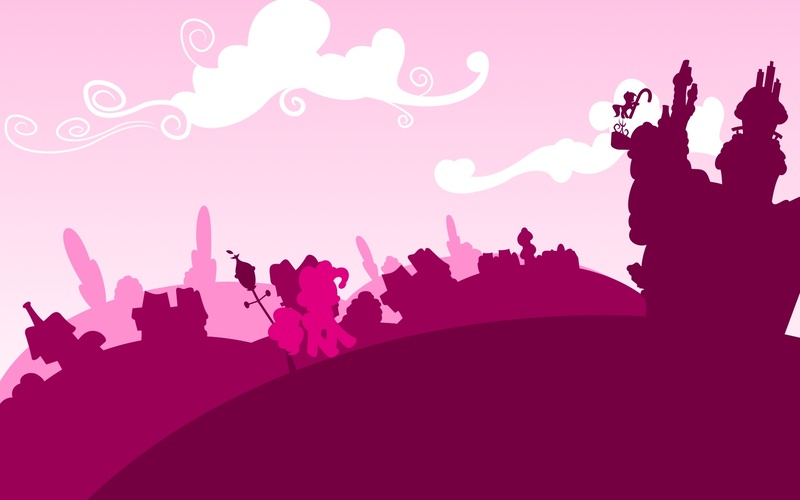 Size: 1920x1200 | Tagged: safe, artist:philiptomkins, derpibooru import, part of a set, pinkie pie, earth pony, pony, cloud, female, hooves, lineless, mare, minimalist, ponyville, profile, silhouette, solo, sugarcube corner, wallpaper