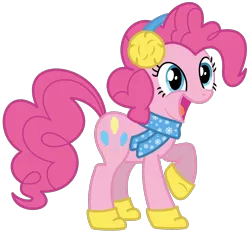 Size: 2000x1844 | Tagged: safe, artist:philiptomkins, derpibooru import, pinkie pie, earth pony, pony, boots, clothes, earmuffs, scarf, simple background, solo, transparent background, vector