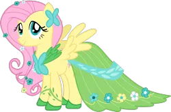 Size: 2000x1315 | Tagged: artist:philiptomkins, clothes, derpibooru import, dress, fluttershy, gala dress, safe, simple background, solo, suited for success, transparent background, vector