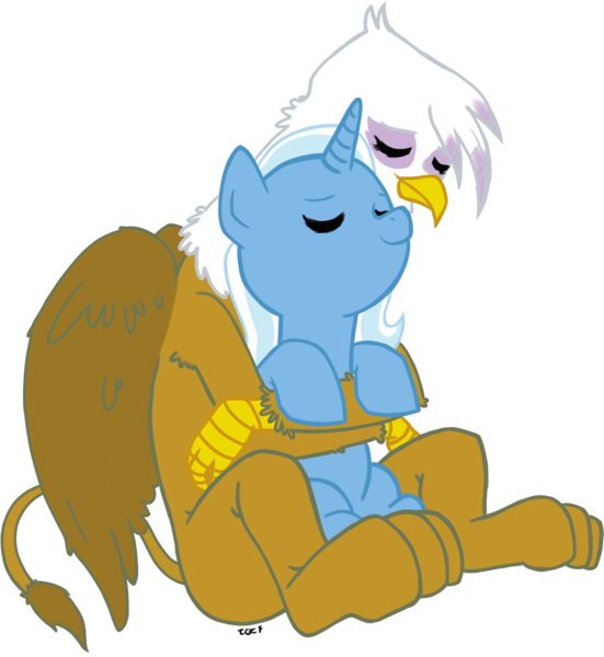 Size: 1889x2057 | Tagged: safe, artist:raph13th, derpibooru import, gilda, trixie, gryphon, pony, unicorn, eyes closed, female, glixie, hug, image, interspecies, lesbian, mare, png, shipping, simple background, sitting, smiling, transparent background