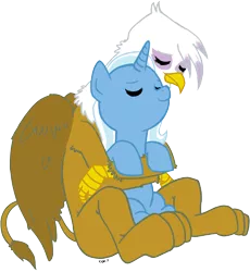 Size: 1889x2057 | Tagged: safe, artist:raph13th, derpibooru import, gilda, trixie, gryphon, pony, unicorn, eyes closed, female, glixie, hug, image, interspecies, lesbian, mare, png, shipping, simple background, sitting, smiling, transparent background