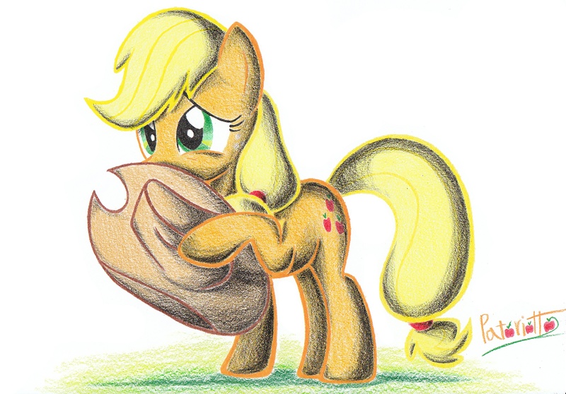 Size: 2017x1407 | Tagged: applejack, artist:patoriotto, derpibooru import, hoof hold, pixiv, safe, solo, traditional art