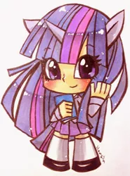 Size: 316x426 | Tagged: safe, artist:howzih, derpibooru import, twilight sparkle, human, blushing, book, clothes, horn, horned humanization, humanized, looking at you, skirt, solo, traditional art