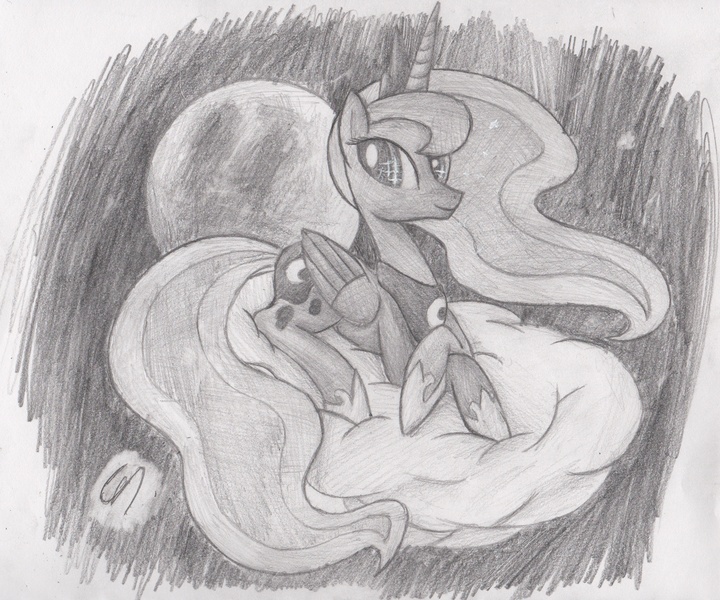 Size: 2850x2376 | Tagged: artist:greeny-nyte, cloud, derpibooru import, high res, monochrome, princess luna, prone, safe, solo, traditional art