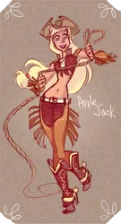 Size: 2246x4153 | Tagged: applejack, artist:holivi, belly button, boots, chaps, derpibooru import, front knot midriff, high heel boots, humanized, midriff, rope, safe, solo, spurs