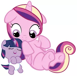 Size: 4400x4320 | Tagged: safe, artist:beavernator, derpibooru import, princess cadance, twilight sparkle, pony, absurd resolution, baby, baby pony, babylight sparkle, cute, cutedance, diaper, filly, foal, simple background, sleeping, white background