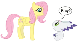 Size: 5000x2800 | Tagged: safe, artist:erockertorres, derpibooru import, fluttershy, calumon, pegasus, pony, crossover, digimon, duo, female, mare, simple background, speech bubble, transparent background