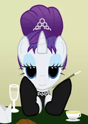 Size: 482x676 | Tagged: safe, artist:thelastgherkin, derpibooru import, rarity, pony, unicorn, alternate hairstyle, audrey hepburn, breakfast at tiffany's, cigarette, cigarette holder, clothes, crossover, cup, dress, evening gloves, eyeshadow, female, glass, gloves, hilarious in hindsight, holly golightly, hoof hold, lidded eyes, long gloves, looking at you, makeup, mare, predicting the future, saucer, smiling, smoking, solo, table, tiara