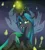 Size: 900x1006 | Tagged: source needed, safe, artist:mandy-zim, derpibooru import, queen chrysalis, changeling, changeling queen, abstract background, fangs, female, frown, glowing horn, hoof on chest, horn, image, png, raised hoof, signature, smiling, smirk, solo, standing