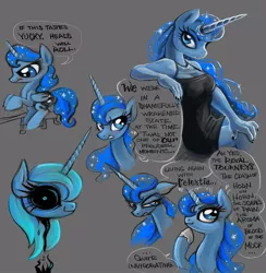 Size: 975x1000 | Tagged: safe, artist:kabukihomewood, derpibooru import, princess luna, alicorn, anthro, pony, loony luna, anthro with ponies, black sclera, blushing, clothes, cute, dress, ethereal mane, filly, hoof on chin, hoof shoes, little black dress, speech bubble, starry mane, text, woona