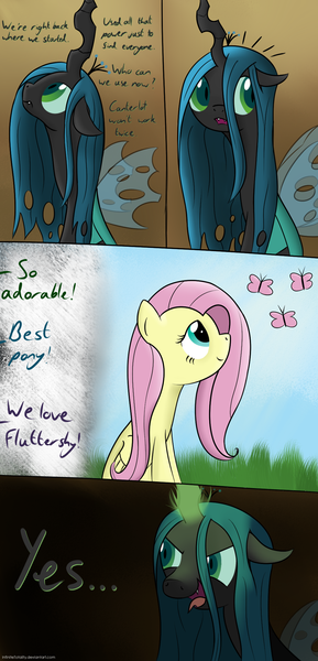 Size: 1024x2126 | Tagged: safe, artist:pexpy, derpibooru import, fluttershy, queen chrysalis, butterfly, changeling, changeling queen, insect, pegasus, pony, 4 panel comic, comic, deviantart link, dialogue, evil grin, female, floppy ears, frown, glowing horn, grin, horn, image, mare, open mouth, png, smiling, tongue out