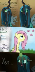 Size: 1024x2126 | Tagged: safe, artist:pexpy, derpibooru import, fluttershy, queen chrysalis, butterfly, changeling, changeling queen, insect, pegasus, pony, 4 panel comic, comic, deviantart link, dialogue, evil grin, female, floppy ears, frown, glowing horn, grin, horn, image, mare, open mouth, png, smiling, tongue out