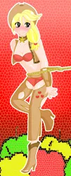 Size: 600x1483 | Tagged: applejack, artist:ladypixelheart, bikini, boots, breasts, captured, chaps, clothes, derpibooru import, female, high heel boots, humanized, lasso, red swimsuit, rope, shoes, solo, solo female, suggestive, swimsuit