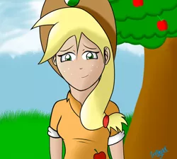 Size: 1280x1150 | Tagged: applejack, artist:icebreak23, derpibooru import, humanized, safe, solo, tree