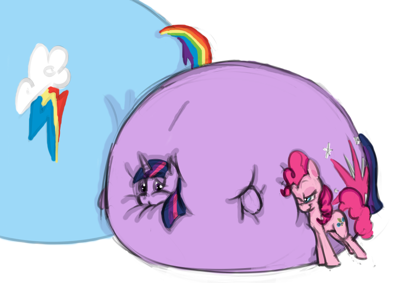 Size: 1000x706 | Tagged: artist:okiedokielowkey, artist:plasma-snake, belly, blob, colored, derpibooru import, huge, impossibly large belly, inflation, pinkie pie, questionable, rainbow dash, round, satisfied, simple background, twilight sparkle, worried