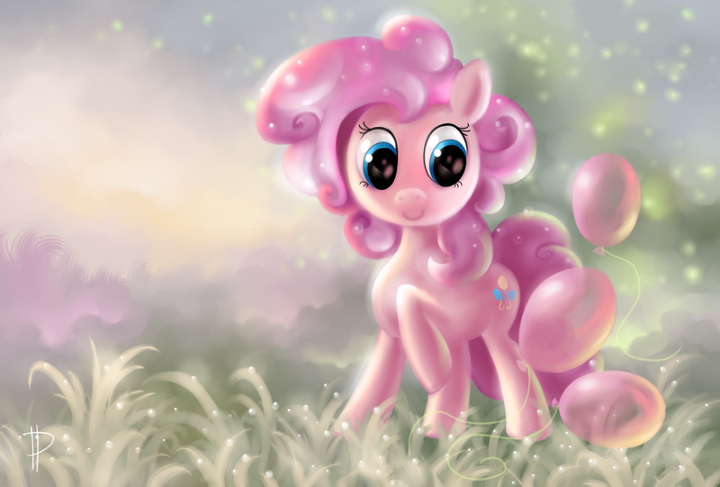 Size: 1920x1298 | Tagged: artist:rom-art, balloon, derpibooru import, dew, grass, pinkie pie, safe, solo