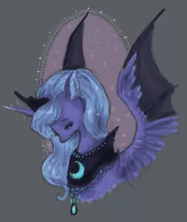 Size: 492x587 | Tagged: dead source, safe, artist:plumbruise, derpibooru import, princess luna, alicorn, pony, bust, female, jewelry, looking away, mare, portrait, profile, s1 luna, solo, spread wings, three quarter view, wings