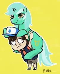 Size: 1012x1250 | Tagged: artist:1eg, crossover, derpibooru import, dipper pines, gravity falls, lyra heartstrings, piggyback ride, ponies riding humans, riding, safe