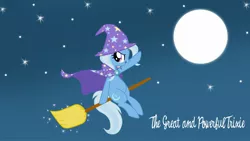 Size: 1920x1080 | Tagged: safe, artist:mlpazureglow, derpibooru import, trixie, pony, unicorn, broom, female, flying, flying broomstick, full moon, looking back, mare, moon, night, night sky, open mouth, sitting, smiling, solo, sparkles, stars, wallpaper