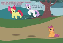 Size: 731x500 | Tagged: safe, derpibooru import, apple bloom, scootaloo, sweetie belle, earth pony, pegasus, pony, unicorn, cutie mark crusaders, female, filly, scootabuse, scootaloo can't fly, tree