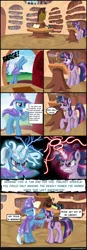 Size: 1230x3528 | Tagged: safe, artist:ohthatandy, derpibooru import, trixie, twilight sparkle, pony, annoyed, bipedal, bucking, comic, eyes closed, frown, glare, glowing horn, golden oaks library, grin, gritted teeth, hoofy-kicks, magic, raised hoof, reading, sissy slap fight, smiling, smirk, wide eyes