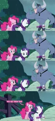 Size: 839x1848 | Tagged: safe, derpibooru import, edit, edited screencap, screencap, iron will, pinkie pie, rarity, earth pony, minotaur, pony, unicorn, putting your hoof down, comic, dialogue, female, fourth wall, hub logo, hubble, looking at you, male, mare, microphone, necktie, nose piercing, nose ring, piercing, screencap comic, smiling, thumbs up, trio