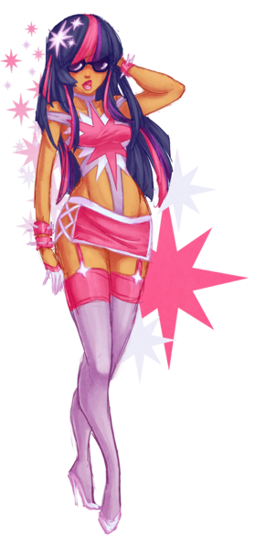 Size: 600x1292 | Tagged: suggestive, artist:snowkatt101, derpibooru import, twilight sparkle, adonis belt, bimbo, bimbo sparkle, breasts, busty twilight sparkle, clothes, fashion, female, garter belt, high heels, humanized, lipstick, midriff, miniskirt, skirt, solo, solo female, spiked wristband, stockings, sultry pose, sunglasses, tongue out, wide hips, wristband, zettai ryouiki