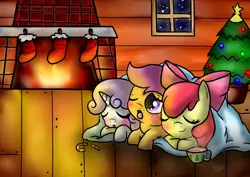 Size: 900x638 | Tagged: apple bloom, artist:sweetscribblez, candy, candy cane, chocolate, christmas tree, cutie mark crusaders, dead source, derpibooru import, fireplace, food, hot chocolate, safe, scootaloo, snow, snowfall, sweetie belle, tree