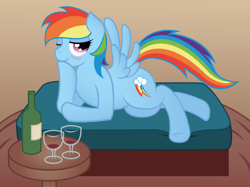 Size: 6667x5000 | Tagged: absurd resolution, alcohol, artist:anders-art, bottle, derpibooru import, female, matress, rainbow dash, solo, solo female, suggestive, wine