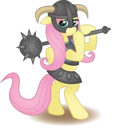 Size: 2515x2758 | Tagged: safe, artist:anders-art, derpibooru import, fluttershy, pony, armor, bipedal, clothes, costume, crossover, dovahshy, helmet, high res, mace, skyrim, solo, the elder scrolls, weapon