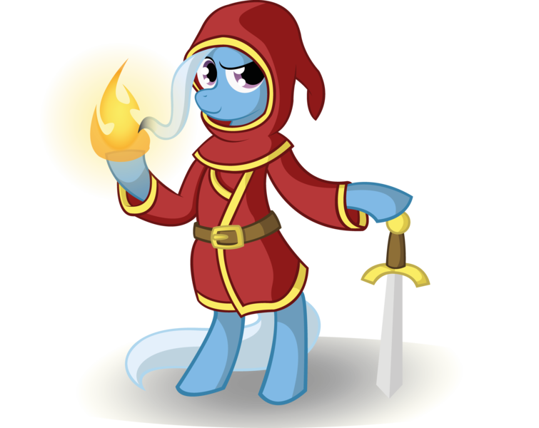 Size: 3551x2823 | Tagged: safe, artist:anders-art, derpibooru import, trixie, pony, bipedal, clothes, crossover, fire, high res, hood, magicka, solo, sword, vector, weapon
