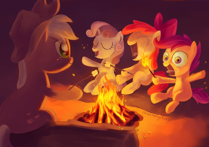 Size: 1925x1350 | Tagged: dead source, safe, artist:chimicherrychonga, derpibooru import, apple bloom, applejack, scootaloo, sweetie belle, earth pony, pegasus, pony, unicorn, burning, campfire, cutie mark crusaders, female, filly, fire, foal, mare, marshmallow, quartet, sitting, tongue out